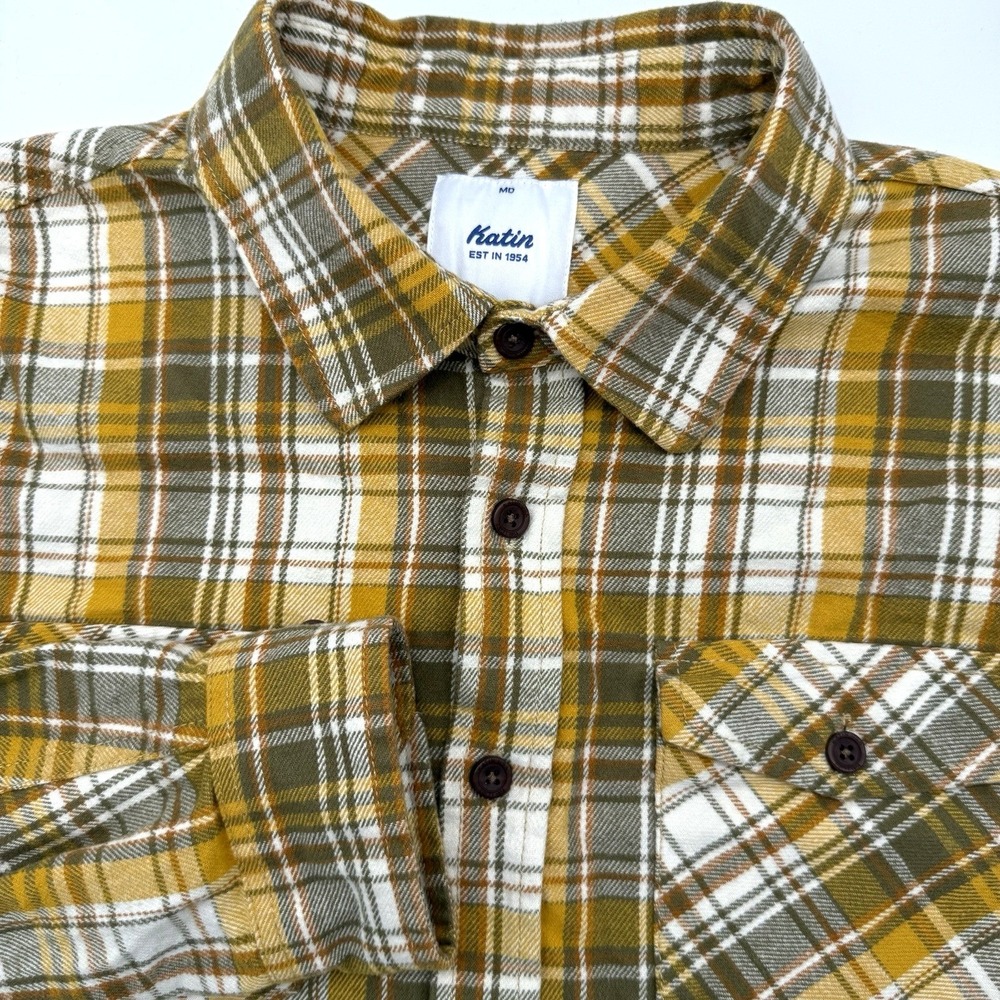 Katin Button Down Shirt Mens‎ M Mustard Yellow Plaid Flannel Long Sleeve Cotton